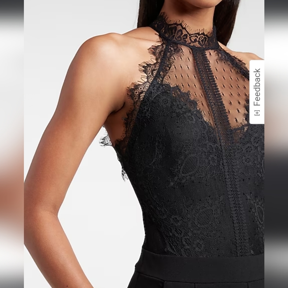 Express Black Halter Lace Pieced Jumpsuit - Picture 3 of 8